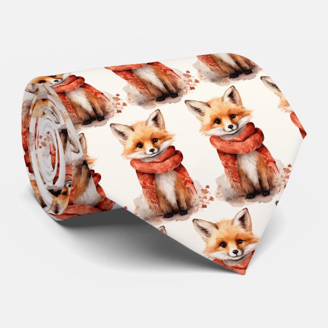Cravate Motif de renard mignon en écharpe rouge (Roulé)