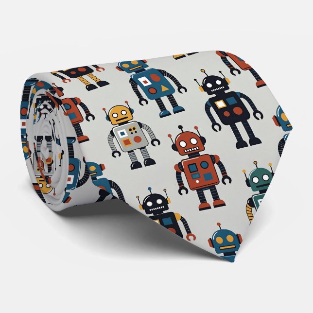 Cravate Motif de robot rétro coloré (Roulé)
