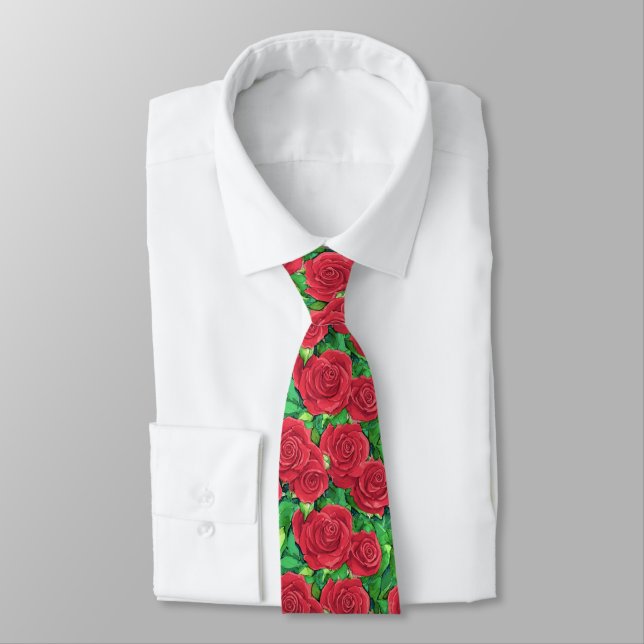 Cravate Motif de rose aquarelle rouge / cramoisi (Attaché)