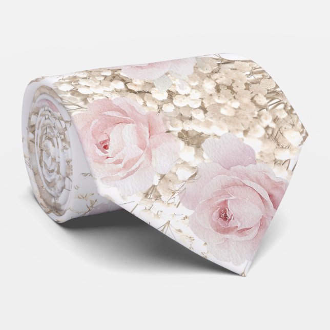 Cravate motif de roses roses et de gypsophile (Roulé)