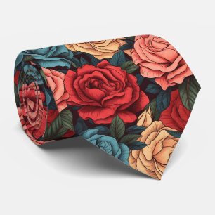 Cravate motif de roses roses et rouges