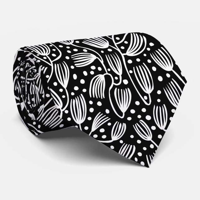 Cravate Motif de style d'écorce - Blanc sur noir (Roulé)