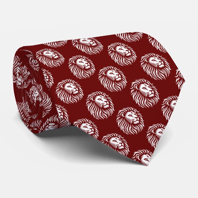 Cravate Motif de tête de lion - Blanc sur rouge foncé (Roulé)