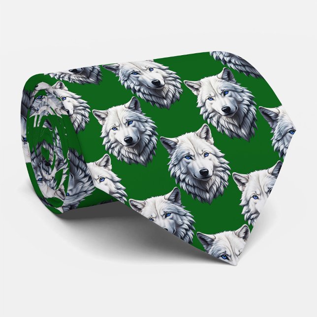 Cravate Motif de tête de loup blanc design vert  (Créateur téléchargé)