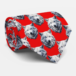 Cravate Motif de tête de loup blanc - Rouge