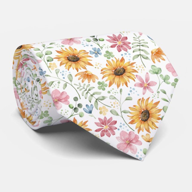 Cravate Motif de tournesol aquarelle (Roulé)