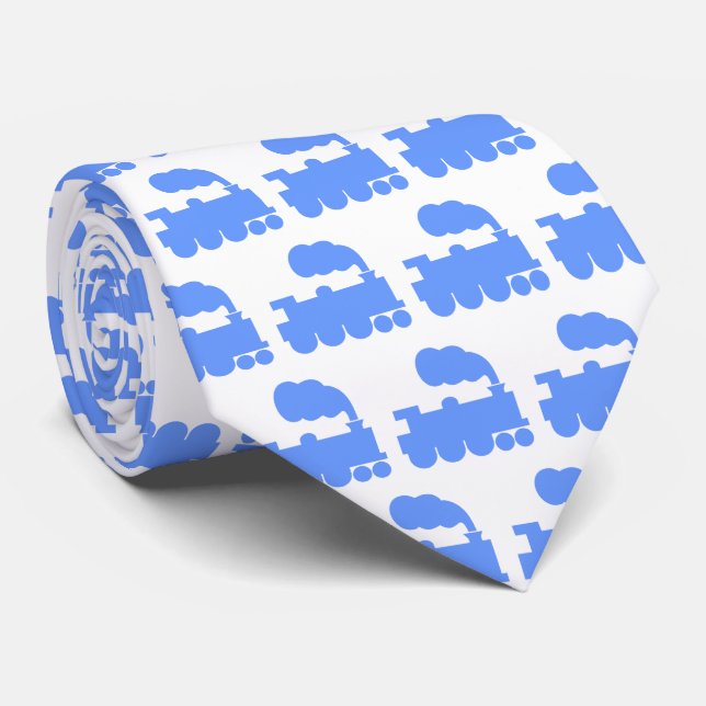 Cravate Motif de train à vapeur - Bleu bébé sur blanc (Roulé)