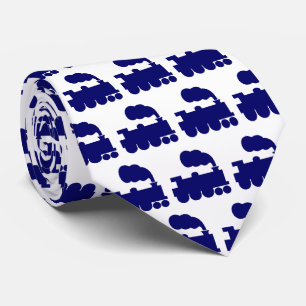 Cravate Motif de train à vapeur - Bleu marine foncé sur bl
