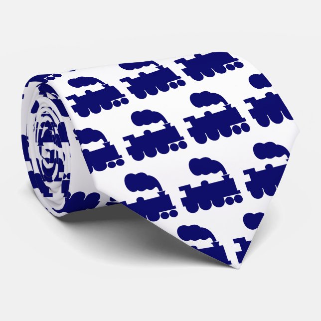 Cravate Motif de train à vapeur - Bleu marine foncé sur bl (Roulé)
