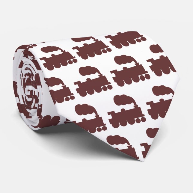 Cravate Motif de train à vapeur - Marron foncé sur blanc (Roulé)