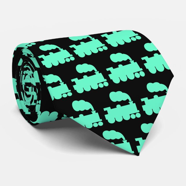 Cravate Motif de train à vapeur - Turquoise sur fond noir (Roulé)