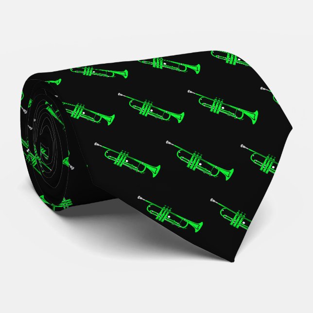 Cravate Motif de trompette verte sur fond noir (Roulé)