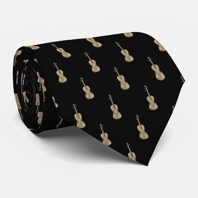 Cravate Motif de violon - Or sur noir (Roulé)