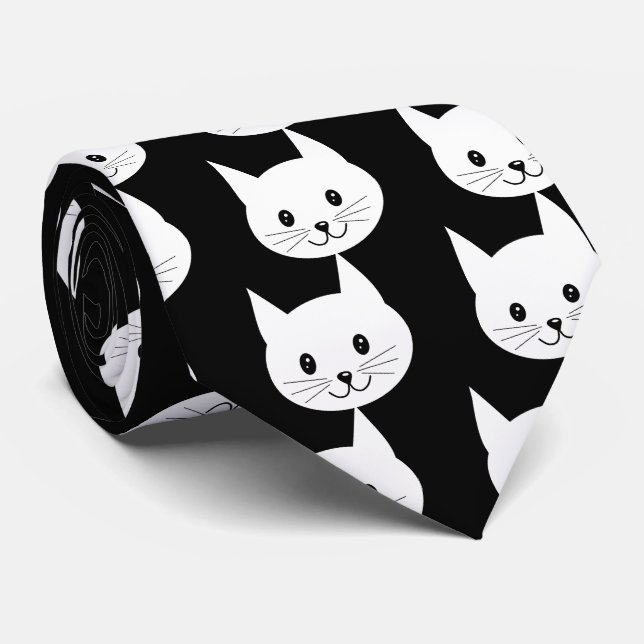 Cravate Motif de visage de chat blanc mignon (Roulé)