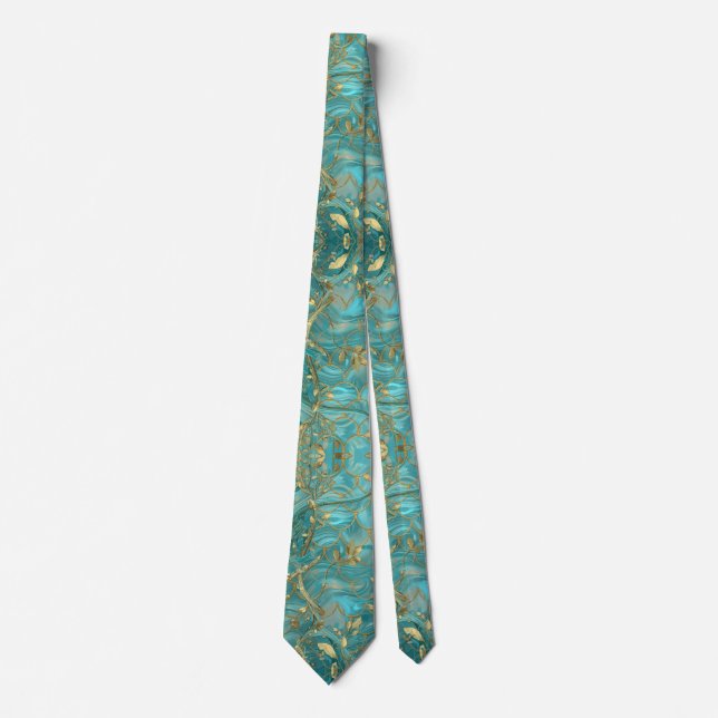 Cravate Motif d'écailles de sirène Aqua nacré & Or  (Devant)