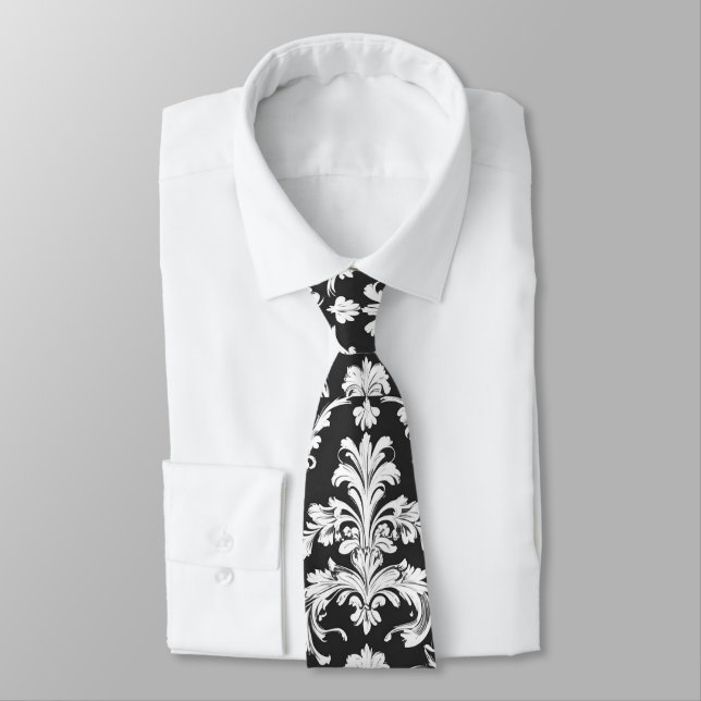 Cravate Motif décoratif noir et blanc Damas (Attaché)