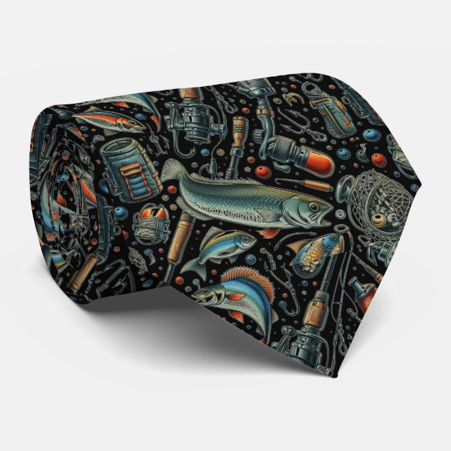 Cravate Motif d'engin de pêche Pêcheur Noir  (Roulé)