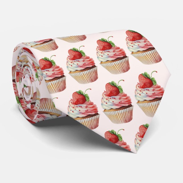 Cravate Motif dessert sucré fraise Cupcake (Roulé)