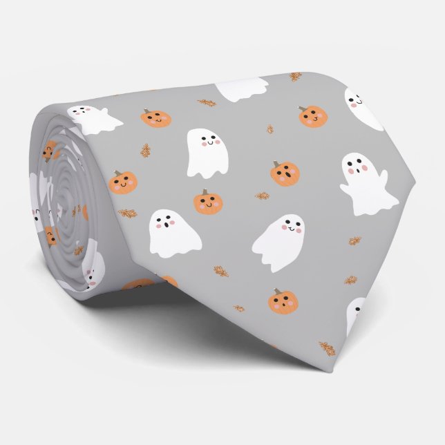Cravate Motif d'Halloween gris et gris Citrouille (Roulé)