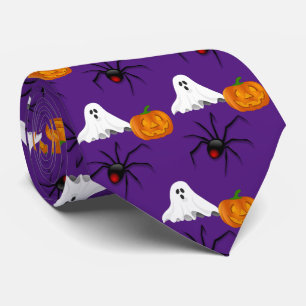 Cravate Motif d'Halloween violet Citrouille d'araignée fan