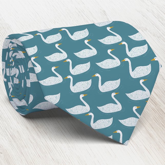 Cravate Motif d'oiseau cygne vert sarcelle (Swan bird pattern neck tie for nature, wildlife and bird lovers)