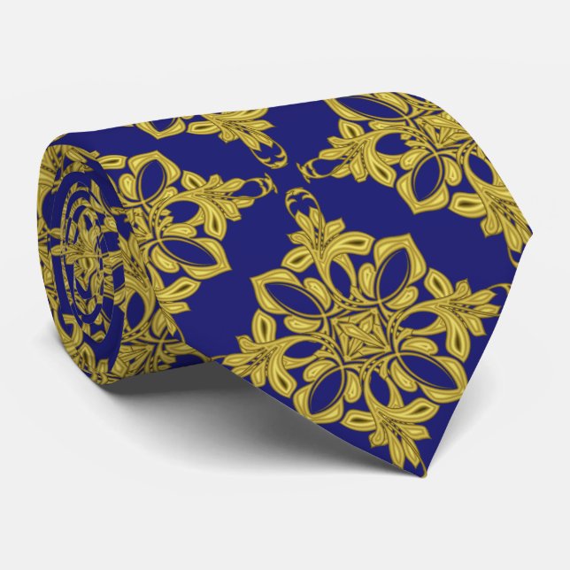 Cravate Motif d'or Faux et Bleu foncé pour hommes (Roulé)