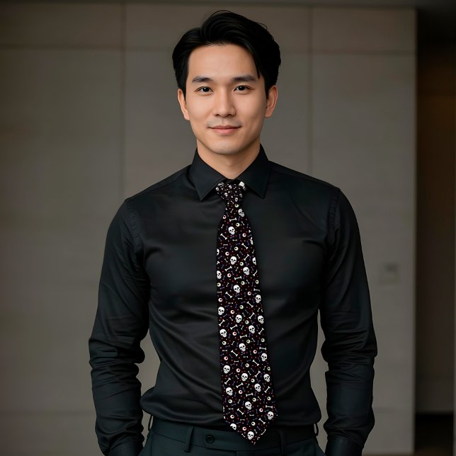 Cravate Motif d'os d'oreilles de crâne d'Halloween noir (Créateur téléchargé)