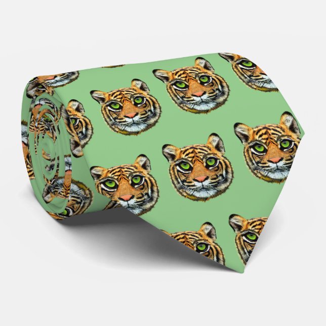 Cravate Motif du visage Wild Young Tiger sur Olive Green (Roulé)