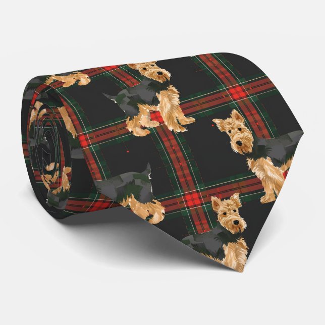 Cravate Motif écossais de Noël Airedale Rouge Vert (Roulé)