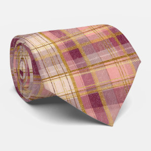 Cravate Motif élégant à carreaux et gingham rose et or