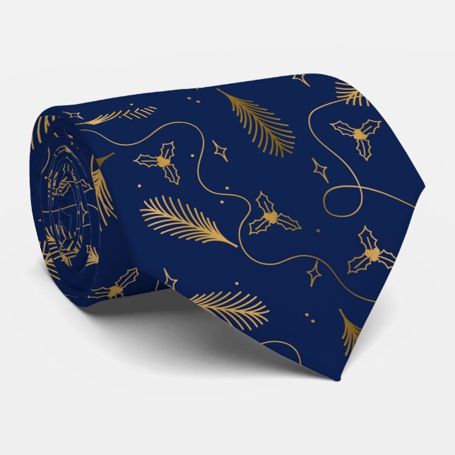 Cravate Motif élégant bleu et or de Noël (Roulé)