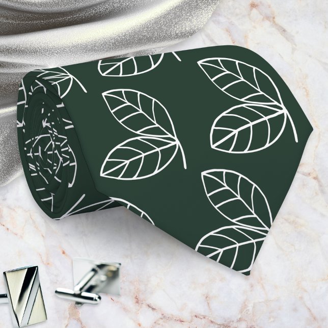 Cravate Motif élégant de feuilles vert foncé (A dark green tie with a pattern of white line-art leaves in a modern style)