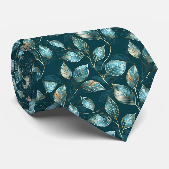 Cravate Motif élégant de feuilles vertes carrelées  (Roulé)