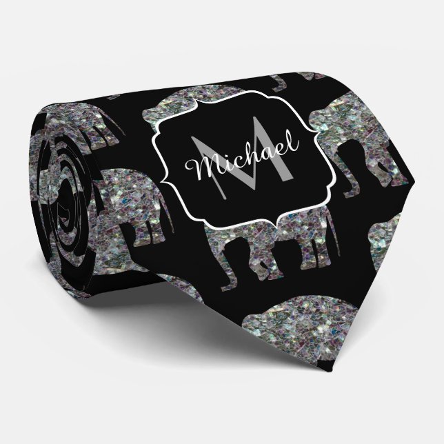 Cravate Motif éléphant argent scintillant sur monogramme n (Roulé)