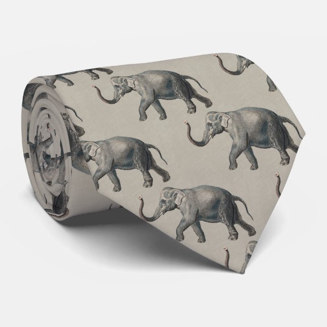 Cravate Motif éléphant vintage sur lin beige (Roulé)