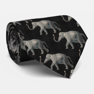 Cravate Motif éléphant vintage sur lin noir