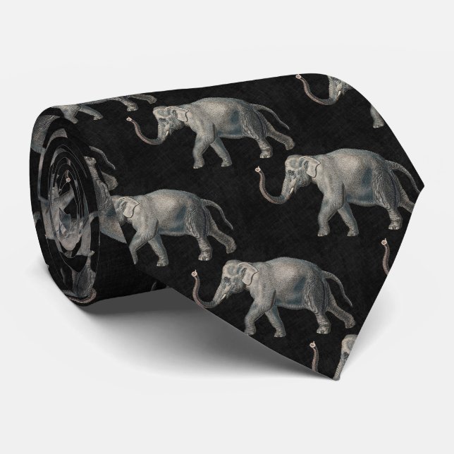 Cravate Motif éléphant vintage sur lin noir (Roulé)