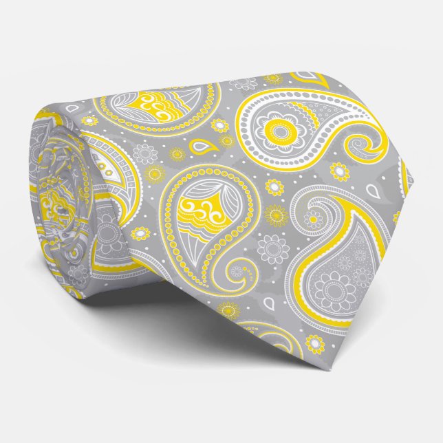 Cravate Motif en cachemire vintage gris et jaune (Roulé)