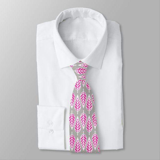 Cravate Motif en feuille de hêtre - Fuchsia rose et argent (Attaché)