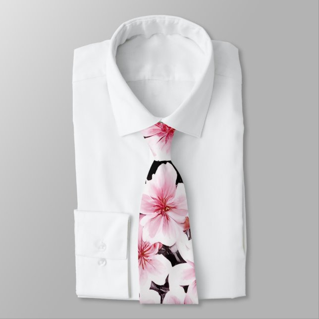 Cravate Motif en fleurs de cerisier rose et noir (Attaché)