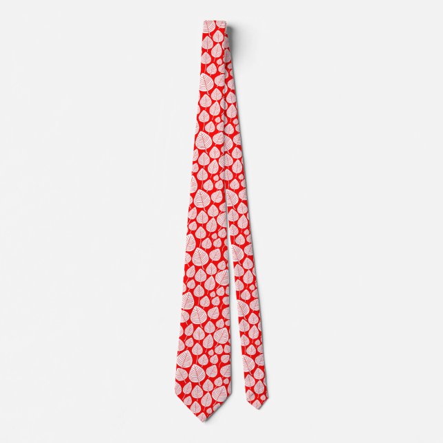 Cravate Motif feuille 02 - Blanc sur rouge (Devant)