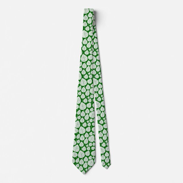 Cravate Motif feuille 02 - Blanc sur vert forestier (Devant)