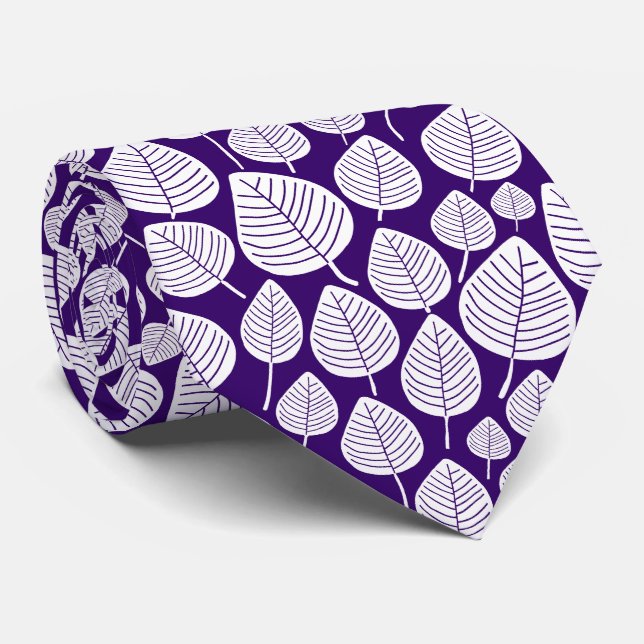 Cravate Motif feuille 02 - Blanc sur violet profond (Roulé)