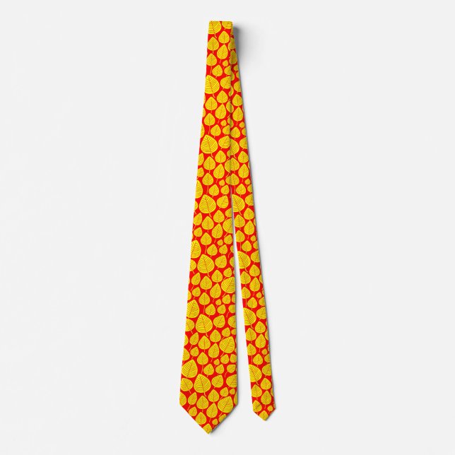 Cravate Motif feuille 02 - Jaune sur rouge (Devant)