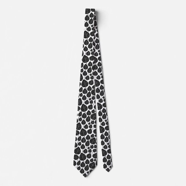 Cravate Motif feuille 02 - Noir sur blanc (Devant)