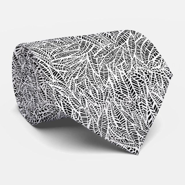 Cravate Motif Feuille blanc et noir (Roulé)