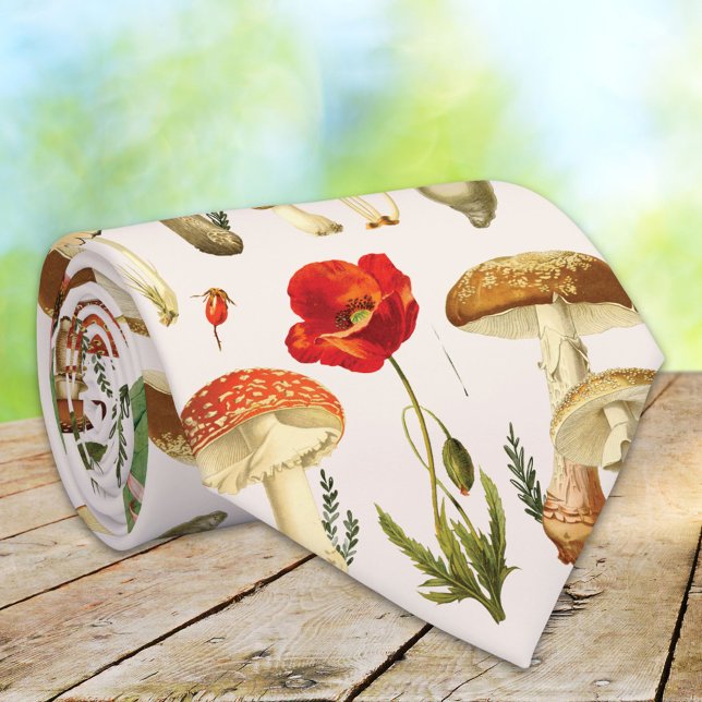 Cravate Motif Fleur de Champ et Champignon Vintage (Close up)
