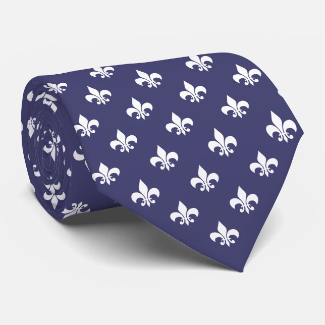 Cravate Motif fleur de lis français blanc sur fond bleu ma (Roulé)