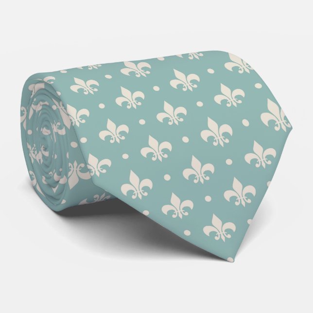 Cravate Motif Fleur De Lis gris sur fond turquoise (Roulé)
