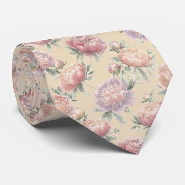 Cravate Motif Fleur de Pivoine Pastel (Roulé)